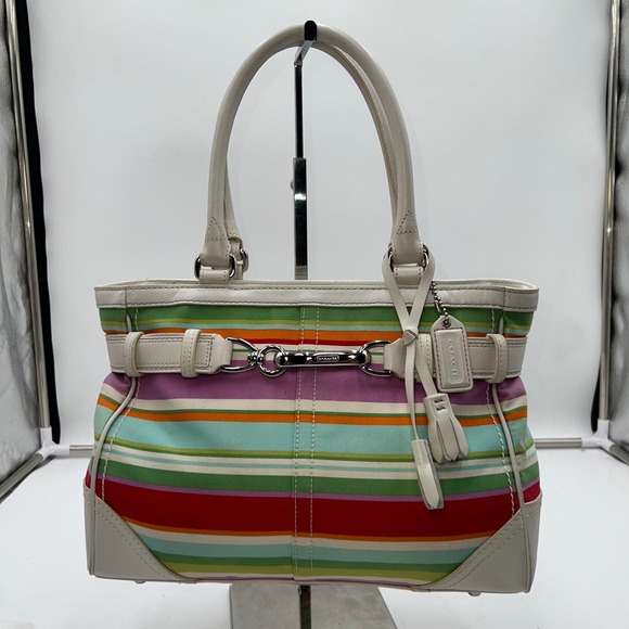 Coach Handbags - Coach Hampton Multicolor Canvas White Leather Trim Stripes Satchel Tote Bag